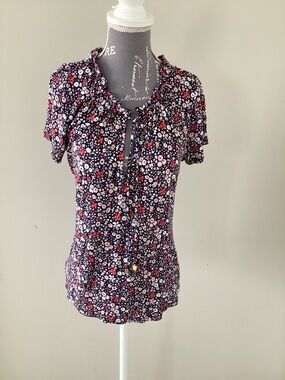 MICHAEL Michael Kors Navy Floral Tie-Front Short Sleeve Top